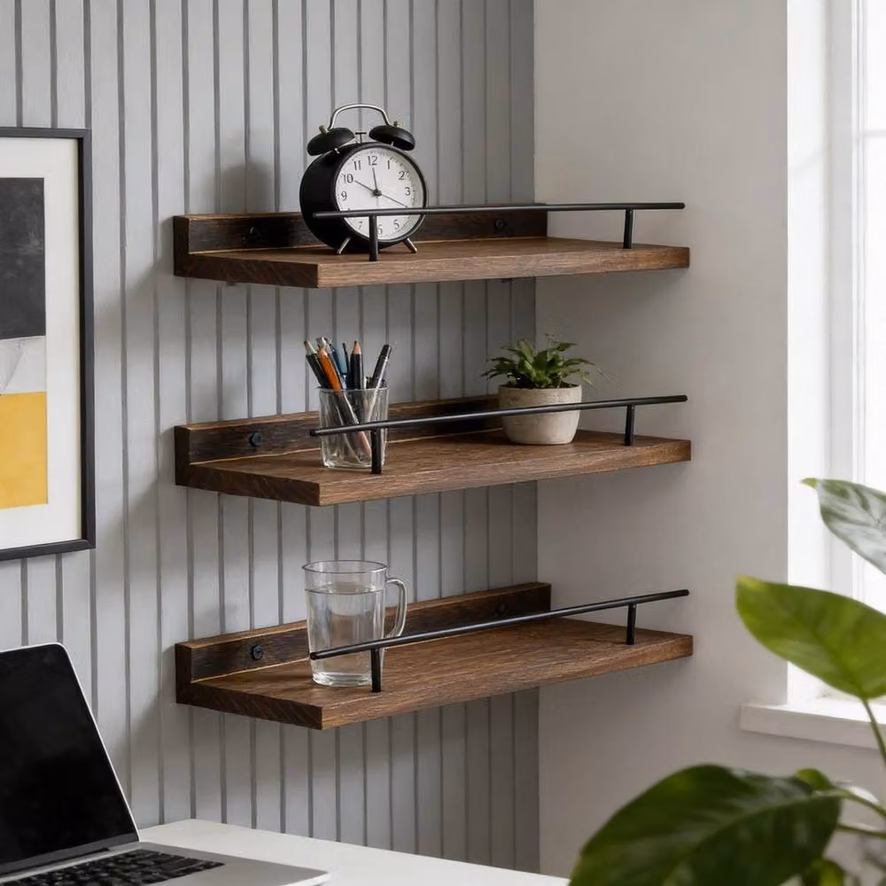 VOGREX Brown 3-Piece Industrial Wood and Metal Floating Wall Display Shelves – 3