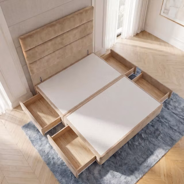 Horizona Super King Velvet Divan Bed Base with 4 Drawers and Floor Standing Headboard in Beige