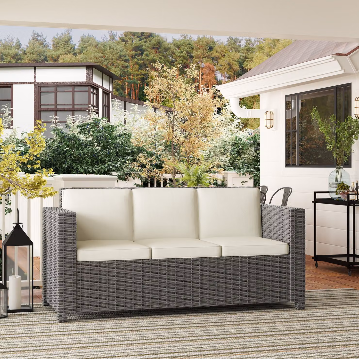 Outsunny 3 Seater Rattan Sofa with Cream Fire Resistant Cushions and Powder Coated Steel Frame – 9