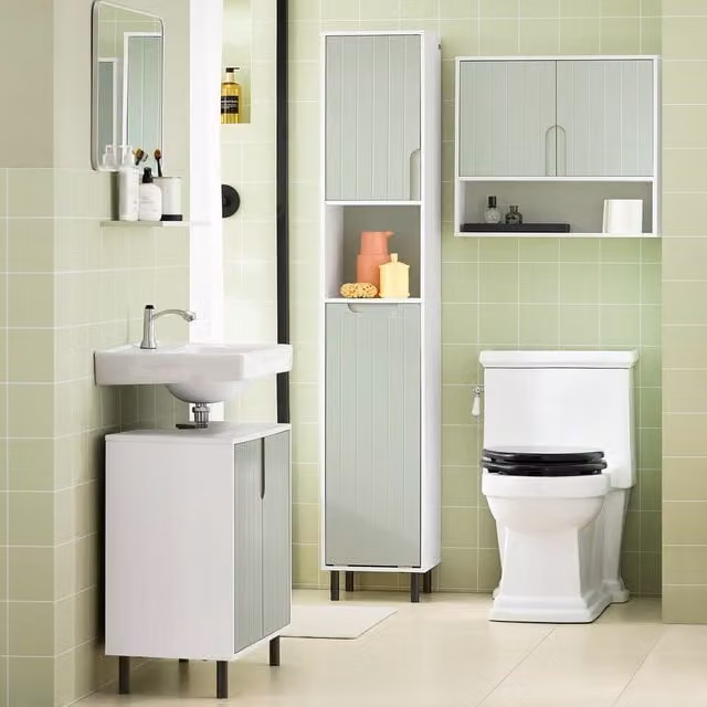 SoBuy Slim Bathroom Tall Cabinet with Integrated Laundry Hamper and Open Shelf, Green and White, H 167 x W 30 x D 30 cm