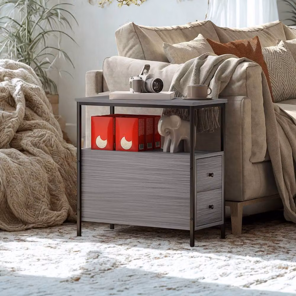 Pirlo Plush Industrial Bedside Table with 2 Drawers and Shelf, Grey and Black, W: 60 cm, D: 30 cm, H: 61 cm – 5