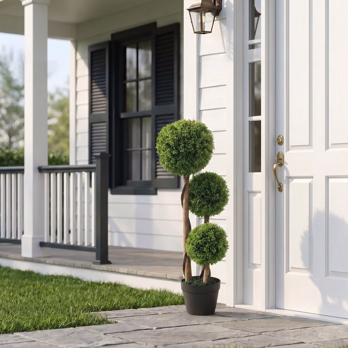 HOMCOM Set of 2 Green Artificial Boxwood Ball Topiary Trees with Concrete Pots for Indoor and Outdoor Tabletop Decor – 5