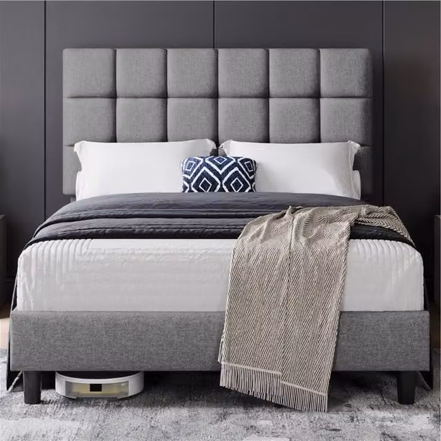Yaheetech Modern Upholstered Bed Frame with Square Tufted Headboard in Grey, W/D/H: 140 x 200 cm