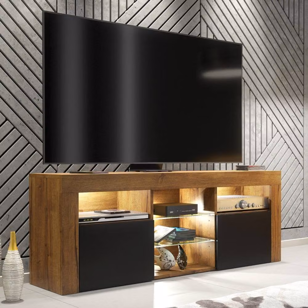 Mex Furniture LTD Pulse TV Unit in Dark Oak with Black Matt Doors and LED Lights, W: 145 cm, D: 35 cm, H: 53 cm – 4