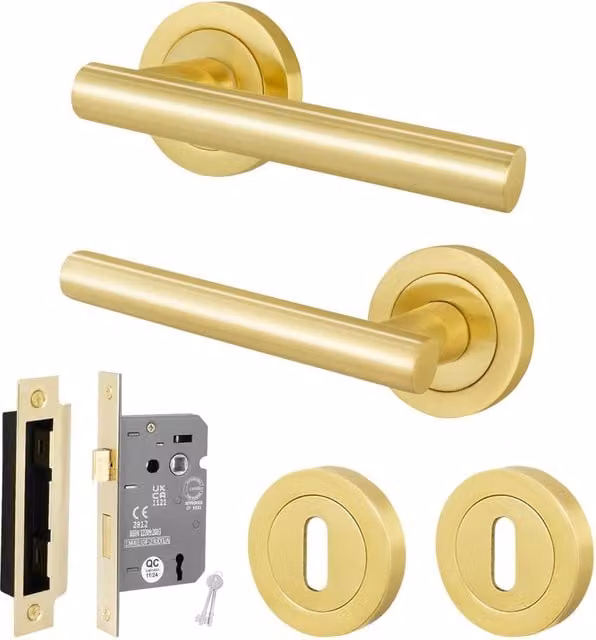AFIT Satin Brass T-Bar Door Handle and Sashlock Escutcheon Set in Gold, 1 Pair