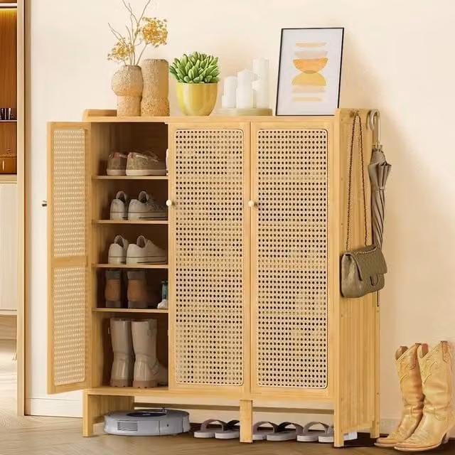 KORVIXA 6 Tier Bamboo Shoe Storage Cabinet with 3 Hinged Doors in Natural Beige, W/D/H: 100 x 100 x 100 cm – 1