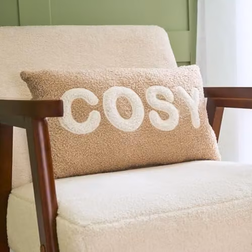 OHS Decorative Boucle Scatter Cushion with Slogan Print, Beige, W: 50 cm, H: 30 cm, D: 30 cm