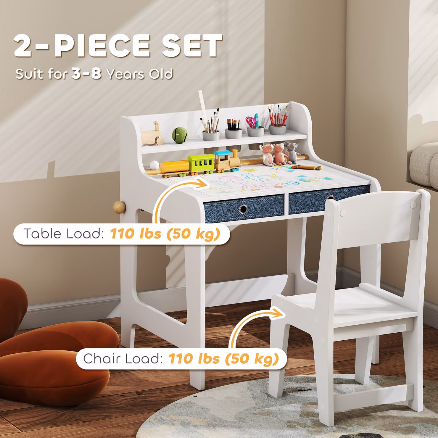 AIYAPLAY Childrens Art Table and Chair Set in White with Storage Shelf and Drawers – 3