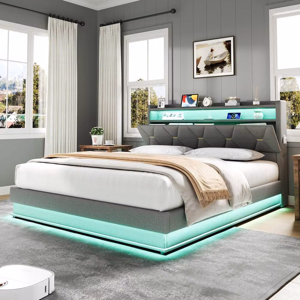 Rolipo Double Upholstered Bed Frame in Grey with Hydraulic Storage, LED Lighting and USB Charging Port – 3