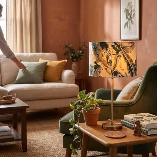Happy Homewares Botanical and Tropical Jacquard Fabric Lamp Shade in Green, Gold and Beige, W: 30 cm, H: 20 cm – 2
