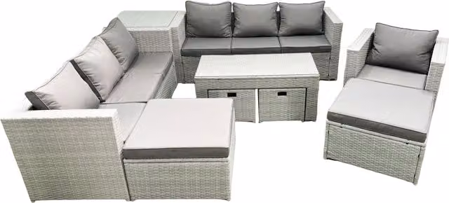 Fimous 11 Seater Rattan Garden Furniture Set with Grey Cushions, U-Shape Lounge Armchairs, Coffee Table and Ottoman for Patio or Terrace – 1