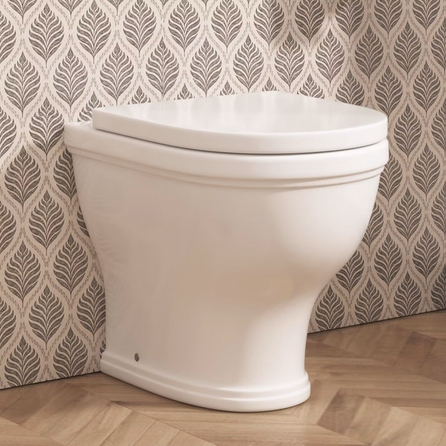 Royal Bathrooms Venice Short Projection Back To Wall Rimless Round Toilet Pan in White with Soft Close Seat