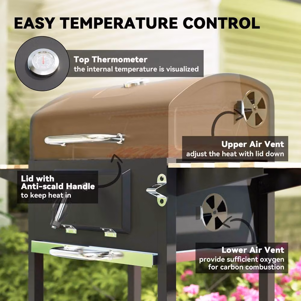 Rolipo Charcoal BBQ Smoker with Warming Rack, Thermometer and Wheels, Black, W/D/H: 112 x 58 x 107 cm – 7
