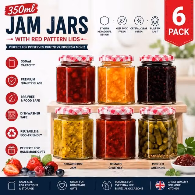 Volila 6 Pack Hexagonal Clear Glass Jam Jars with Screw Lids, 350ml – 1