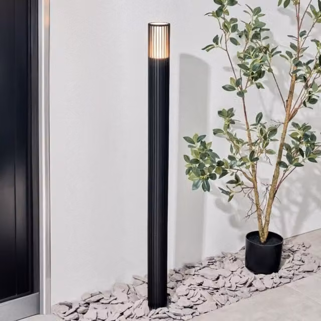 CGC Lighting LILLY Ribbed GU10 Outdoor Bollard Post Light, Black Aluminium, IP44