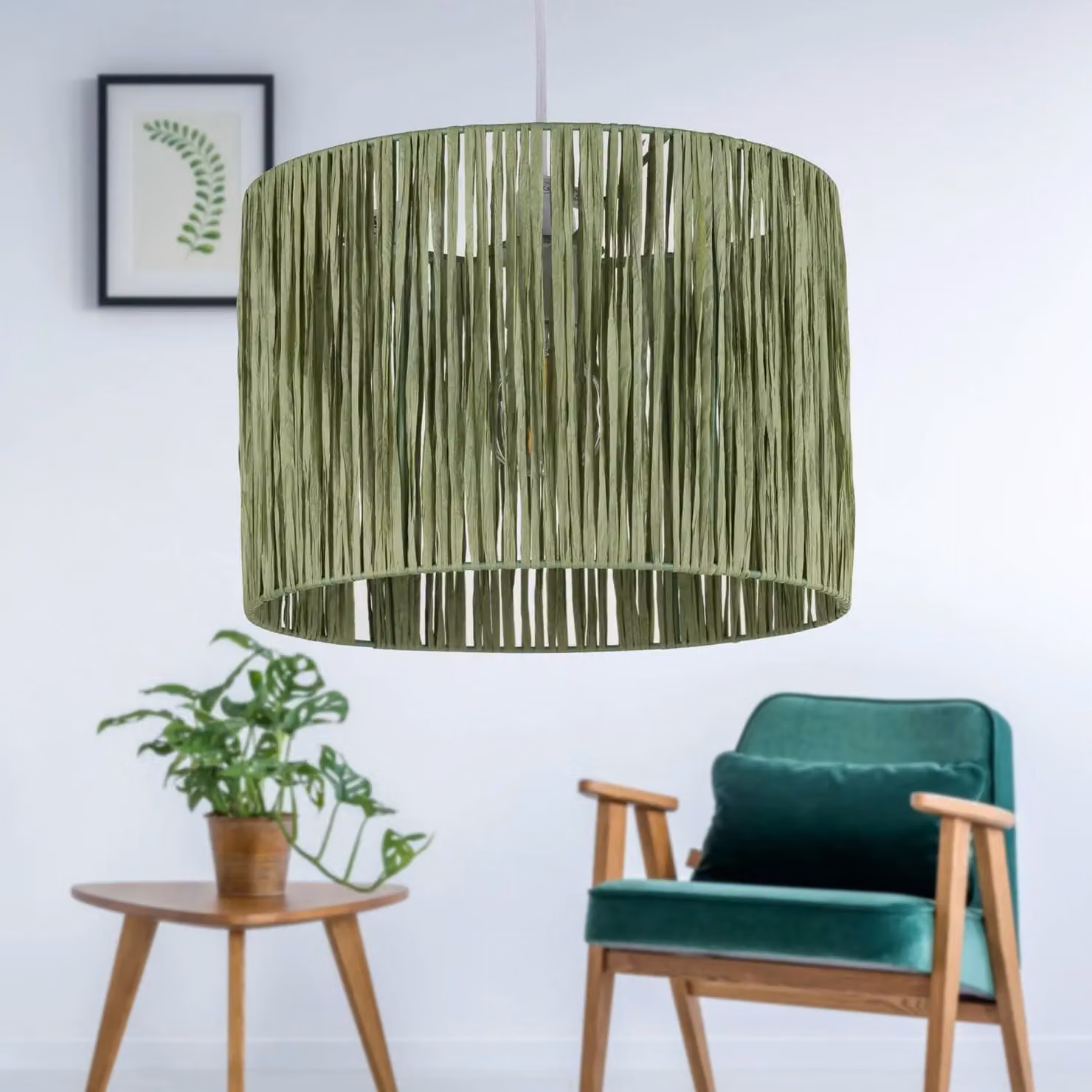 First Choice Lighting Raffia Green Round Rattan Easy Fit Pendant Lamp Shade, Diameter: 28 cm – 3