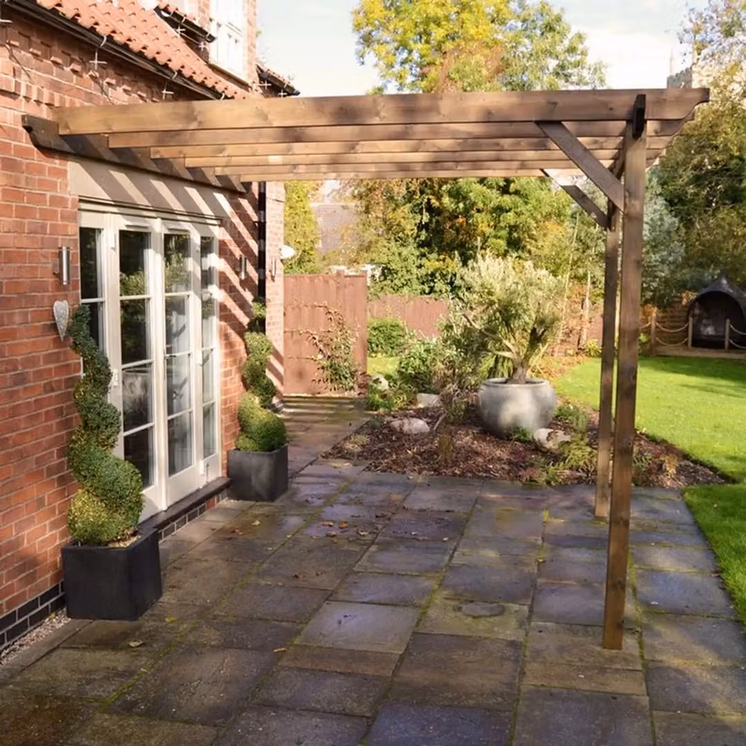 Rutland County Garden Furniture Ltd Wall Mounted Lean-to Garden Pergola in Wood, Brown and Light Green, W: 480 cm, L: 360 cm, H: 270 cm – 3