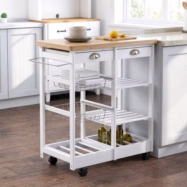 STILVORA White Kitchen Trolley with Pine Wood and Metal Storage and 6 Bottle Wine Rack – 1