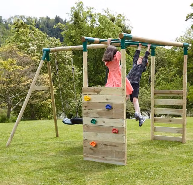 Rebo Solar Wooden Single Swing Set with Climbing Wall and Monkey Bars in Green and Brown, W: 200 cm, L: 268 cm, H: 214 cm