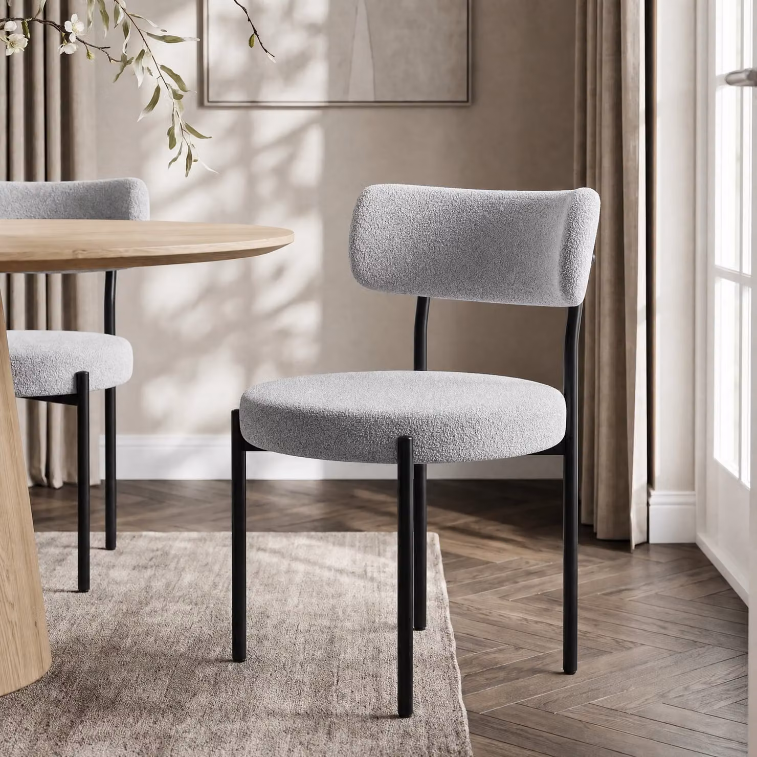 DHS Set of 4 Modern Bouclé Dining Chairs with Curved Back in Grey and Beige