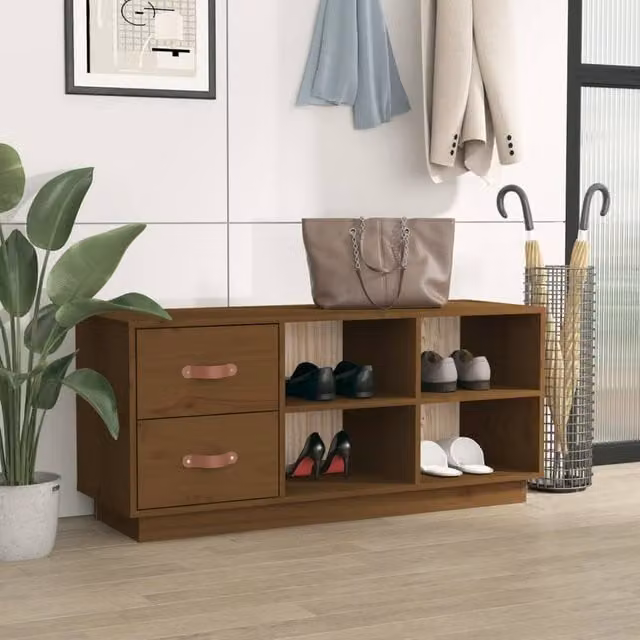 Berkfield Home Solid Wood Pine Shoe Bench in Honey Brown, W/D/H: 100 x 34 x 45 cm – 1
