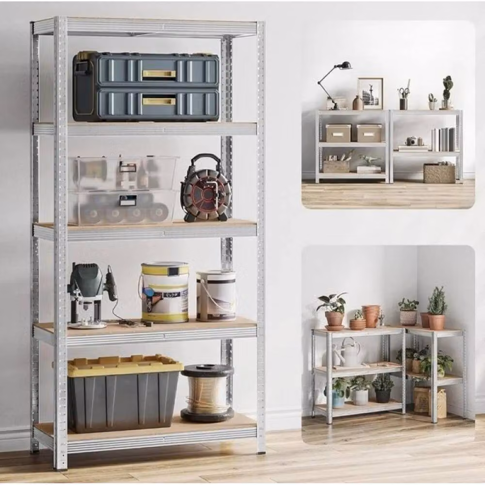 FLAVORA Silver 5 Tier Heavy Duty Metal and MDF Garage Shelving with Adjustable Shelves W/D/H: 50 x 50 x 150 cm – 3