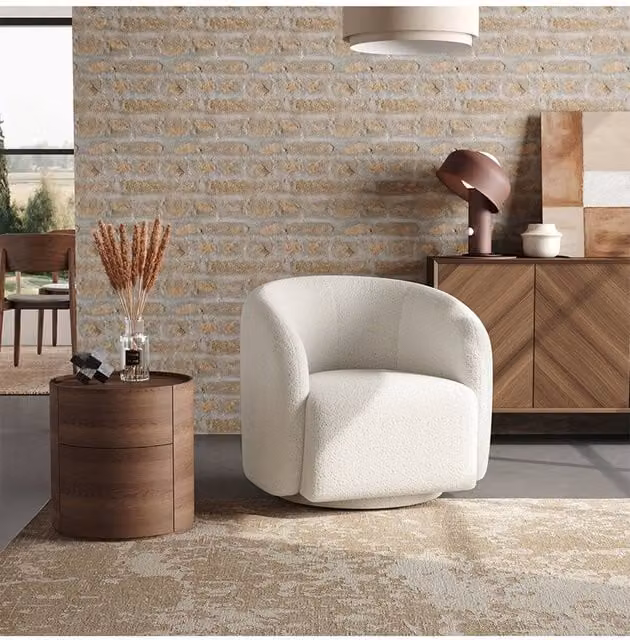 Living and Home White Bouclé Teddy Fleece Upholstered Swivel Accent Chair