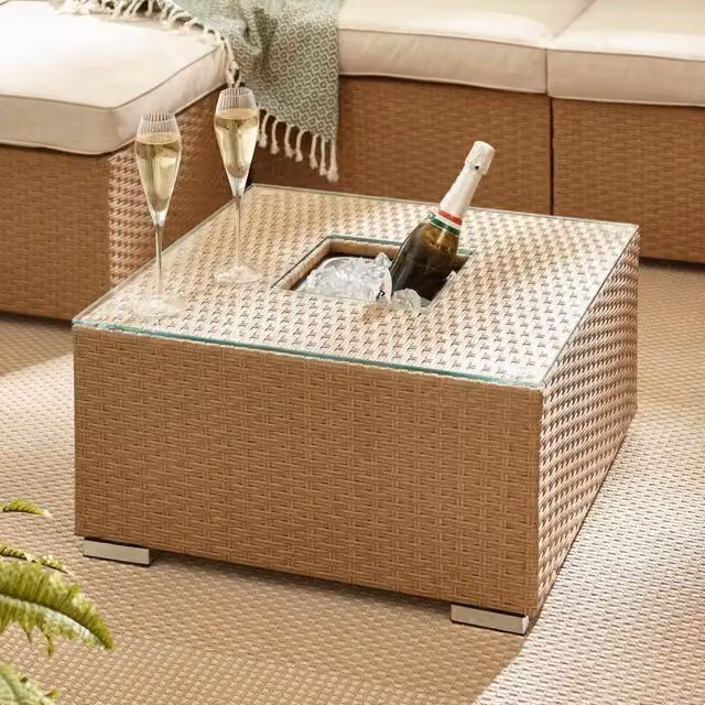 FurnitureboxUK Orlando Rattan Garden Coffee Table with Central Ice Bucket in Beige – 1