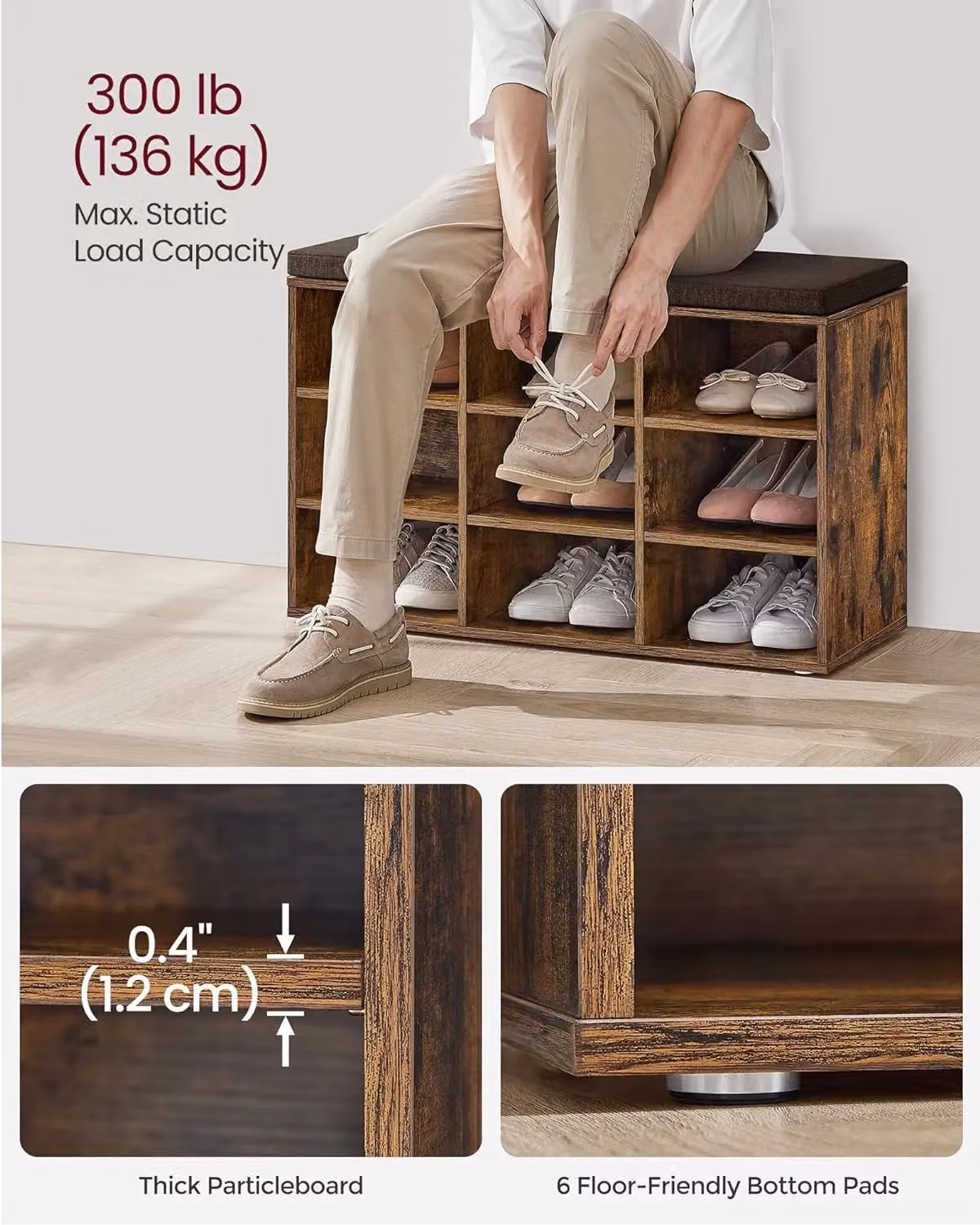VASAGLE 9 Compartment Shoe Storage Bench with Adjustable Shelves and Padded Seat in Brown – 5