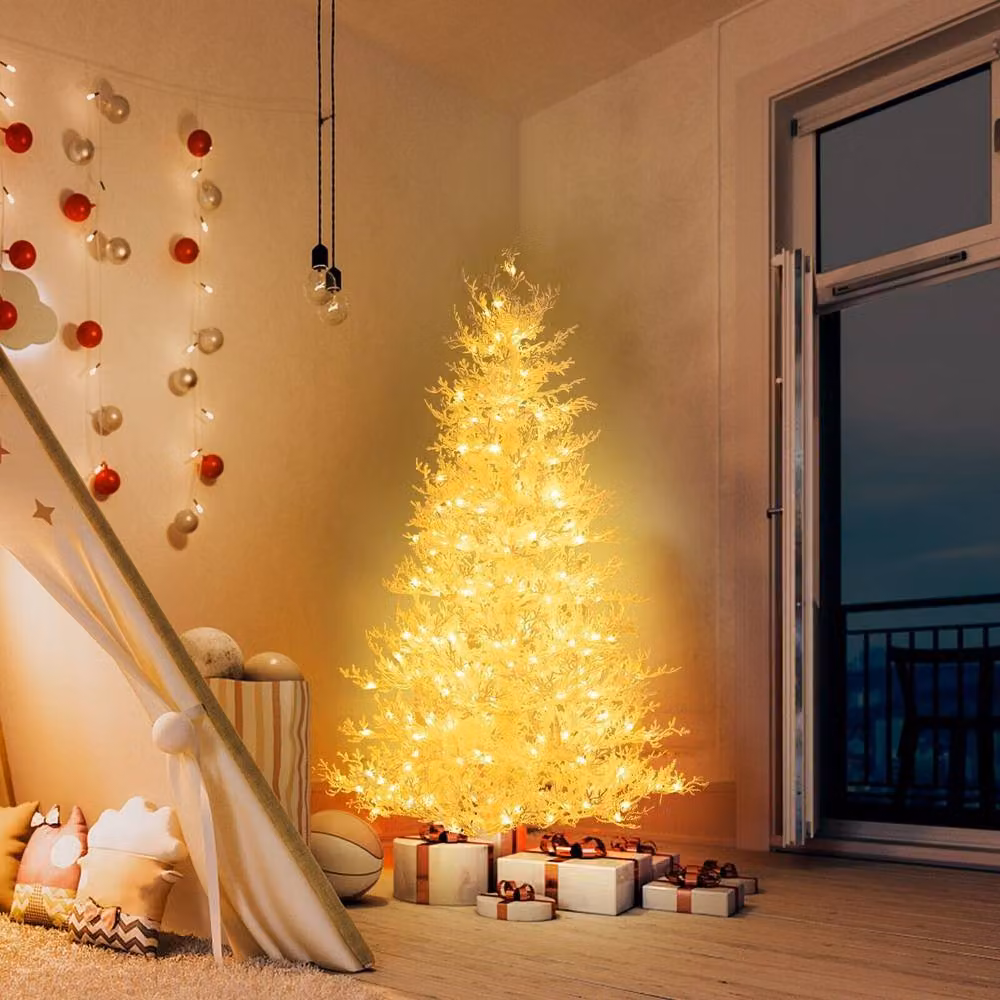 Costway 6ft Pre-Lit Flocked Artificial Christmas Tree with 300 LED Lights in White – 2