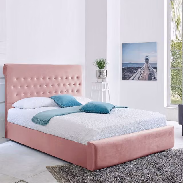 Desire Deco Berlin Upholstered Velvet Bed Frame, Pink, 200 x 200 cm