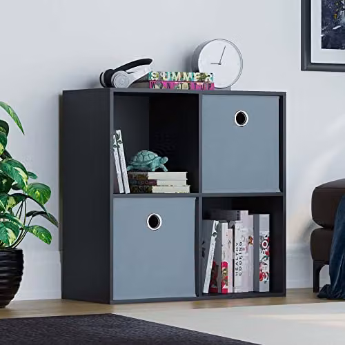Vida Designs Durham 4 Cube Storage Organiser with 2 Grey Baskets, Black, W/D/H: 64.5 x 29.0 x 64.5 cm – 1