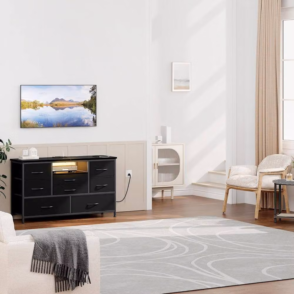 London Boutique 8-Drawer Dresser and TV Stand with LED Lights and Power Outlets, Black, W: 120.42 cm, H: 75.4 cm, D: 120.43 cm – 7
