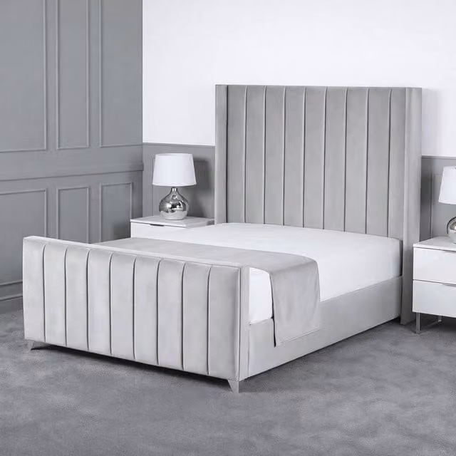 Living Comfort Bedz Imperial Winged Gas Lift Storage Upholstered Velvet Bed in Silver, Single (90 x 190 cm)