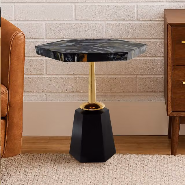 Orsina Modern Hexagonal Side Table with Golden Aluminum Stand and Black Horn Top – 1