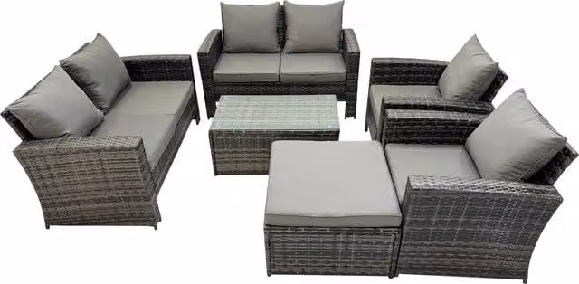 Fimous 7-Seater Rattan High-Back Sofa Set with Coffee Table and Ottoman in Dark Grey Mixed