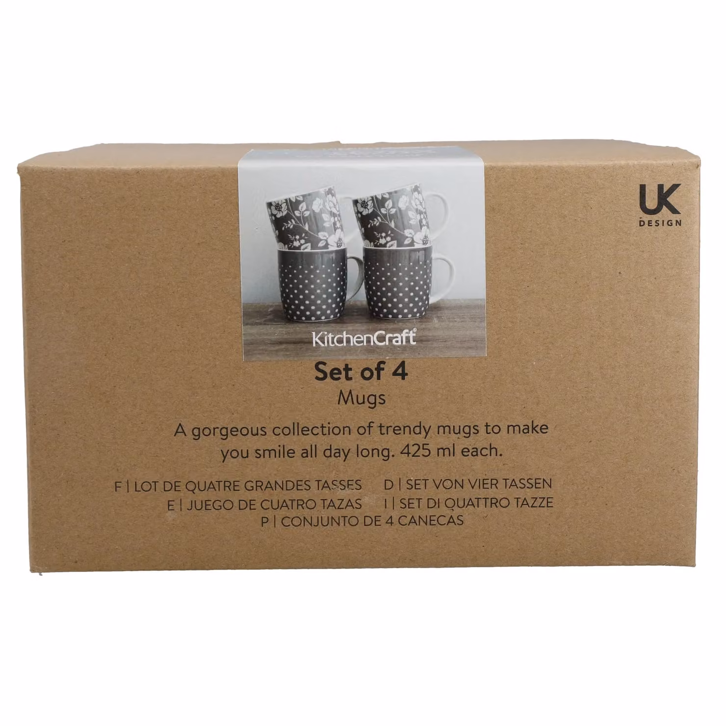 KitchenCraft Set of 4 Grey Floral Ceramic Mugs – 7