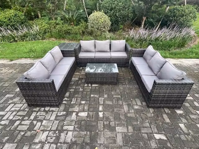 Fimous 9 Seater Outdoor Lounge Sofa Set in Dark Grey Mixed PE Rattan with Coffee Table, Side Table and Ottoman