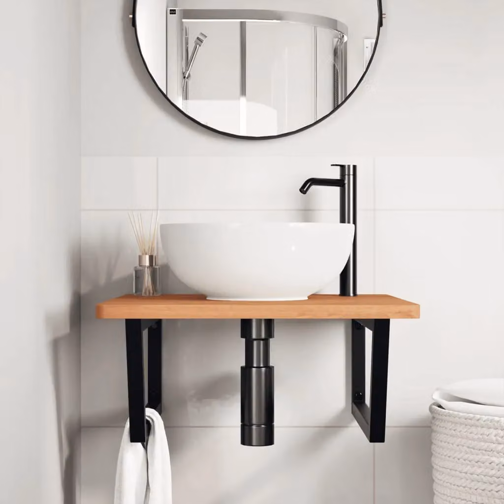 Berkfield Home Wall Mounted Basin Shelf in Brown Steel and Solid Beech Wood – 2