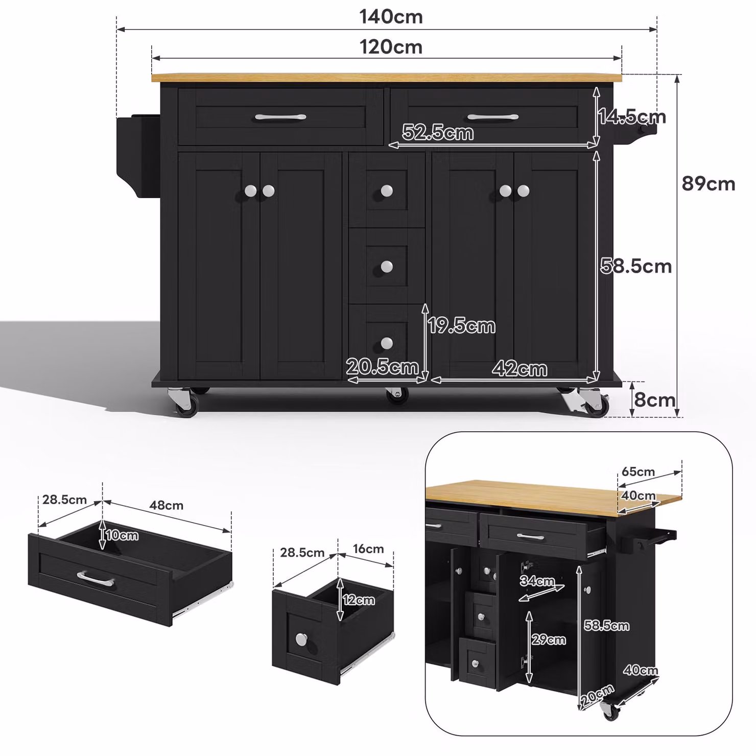Aosom UK Versatile Kitchen Trolley with Extendable Worktop and 5 Drawers in Black and Natural, W: 65 cm, D: 65 cm, H: 89 cm – 3