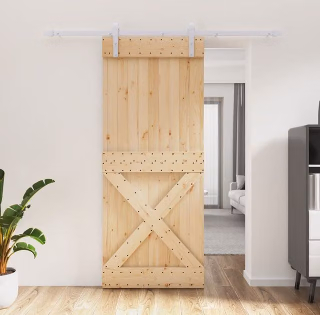 Berkfield Home Modern Sliding Door with Hardware Set, Solid Wood and Steel, Brown, W: 85 cm, H: 210 cm