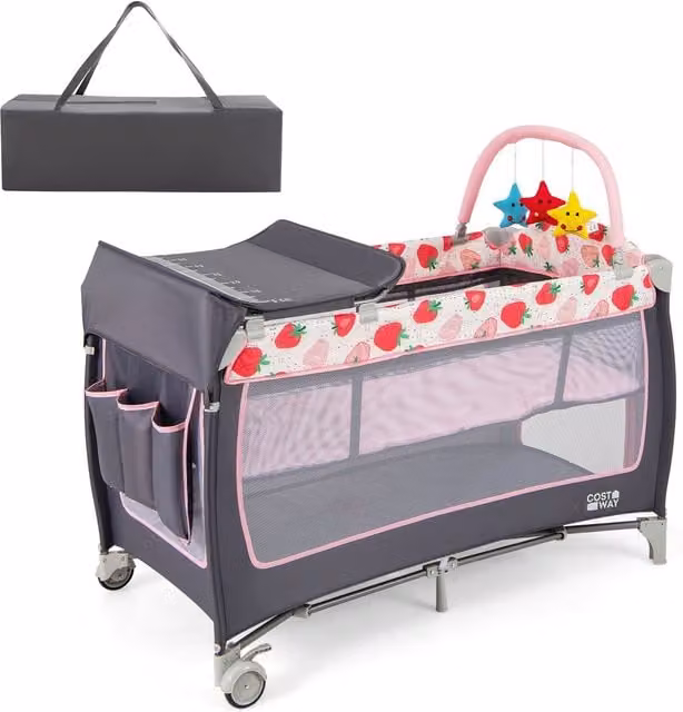 Gymax 4 in 1 Folding Infant Nursery Center Playard with Toy Bar in Pink