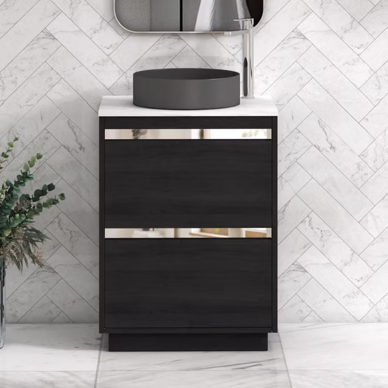 Royal Bathrooms Orion 600mm Hale Black Floor Standing Vanity Unit with Carrara White Countertop, 2 Drawers, Art Round Basin and Chrome Accent Trim