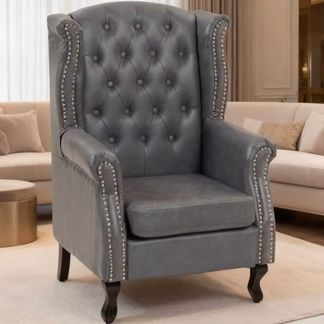 ERGOVEXA Grey Tufted Chesterfield-style Wingback Accent Chair with Synthetic Leather and Solid Wood Frame, H: 108.0 cm, W: 72.0 cm, D: 70.0 cm