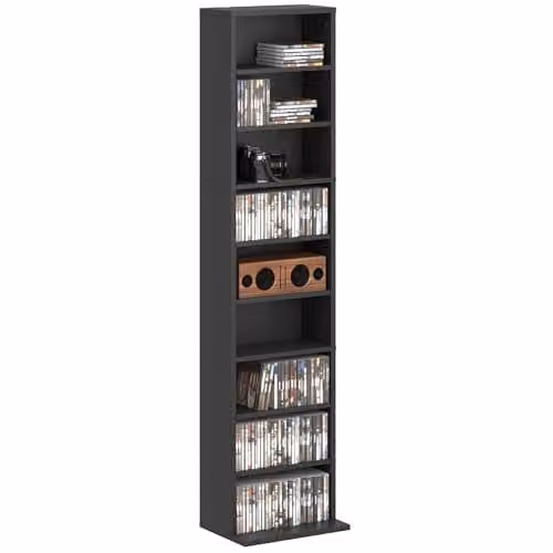 HOMCOM Black Media Storage Unit with 9 Compartments and Adjustable Shelves, W/D/H: 140 x 33 x 24 cm