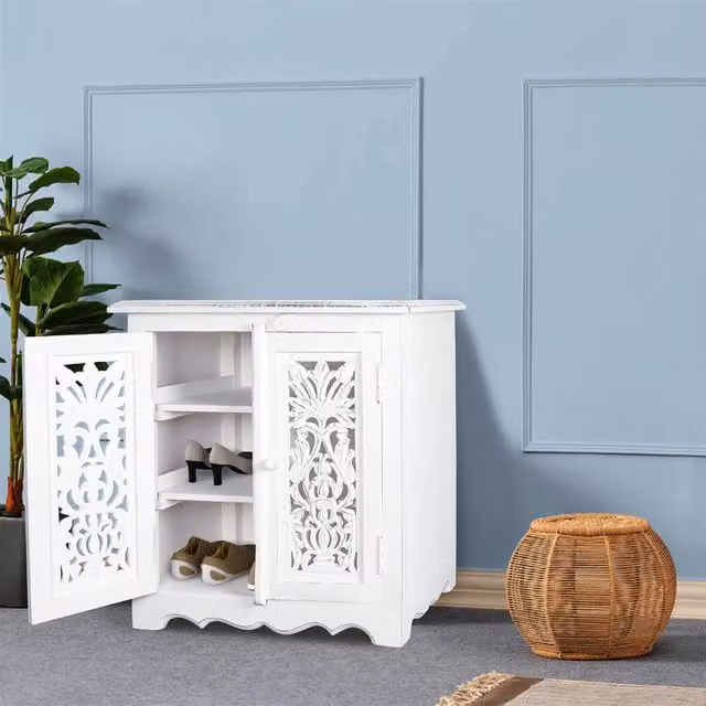 Topfurnishing Shabby Chic Floral Carved Hallway and Bedside Shoe Cabinet in White