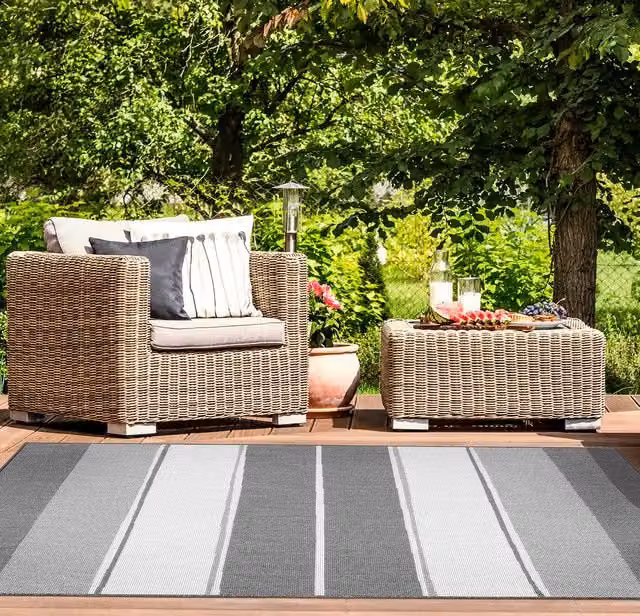 THE RUGS Reversible Outdoor Duo Weave Rug in Tonal Stripes Design, Dark Grey, W: 160 cm, D: 230 cm