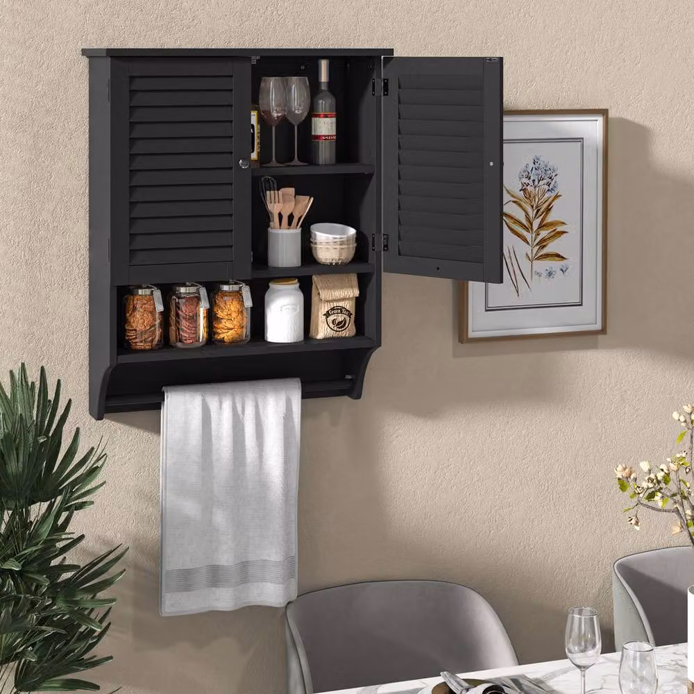 Costway Wall-mounted Black Bathroom Cabinet with Double Hinged Doors and Internal Shelves – 3