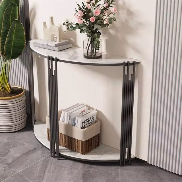 VOGREX Luxury White Marble Semi Circle Geometric Console Table for Hallways – 1