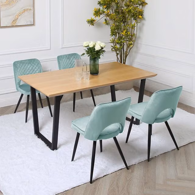 Home Garden Direct Provence Dining Set with Oak Veneer Rectangular Table and 4 Petrol and Black Chairs